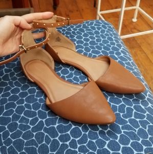 Tan/Brown Flats, Pointed Toe with Ankle Strap